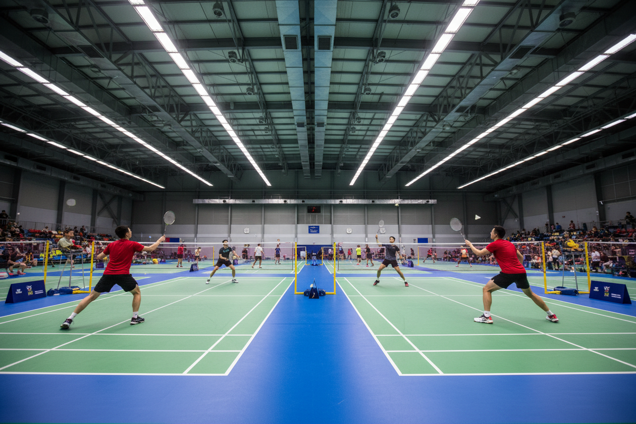 Badminton courts with players 